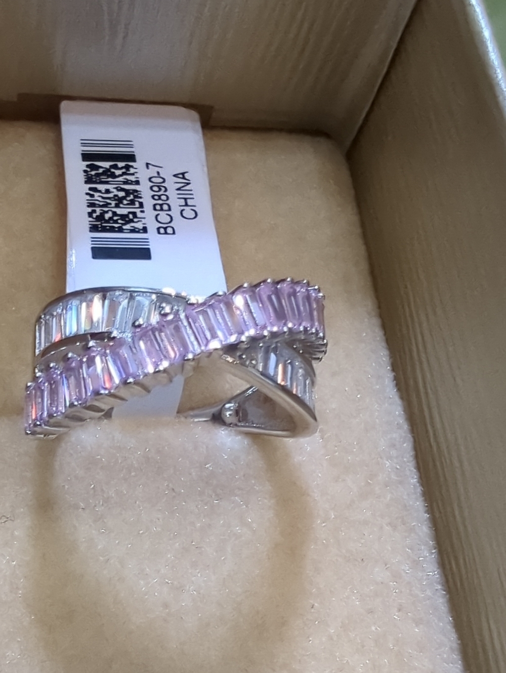 JTV Silver-Tone .925 Crisscross Ring with Pink and Clear Baguette Stones